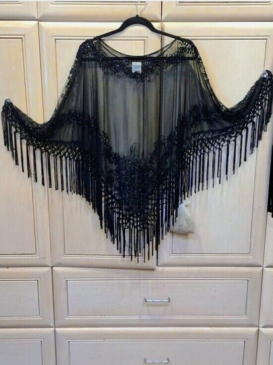 MARINA Sweaters - Vtg Gothic Sheer Embroidered Glass Beads Sequins & Fringe Stevie Nicks Poncho